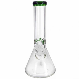 Sklenené bongo Green ICE 30 cm - priehľadné bongo z hrubého skla zdobené zelenými prvkami - pohľad spredu