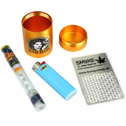 Set Gold stoner: dream box Sensi Seeds v zlatej farbe, zapaľovač Bic slom, grinder karta a blunt Juicy Jays