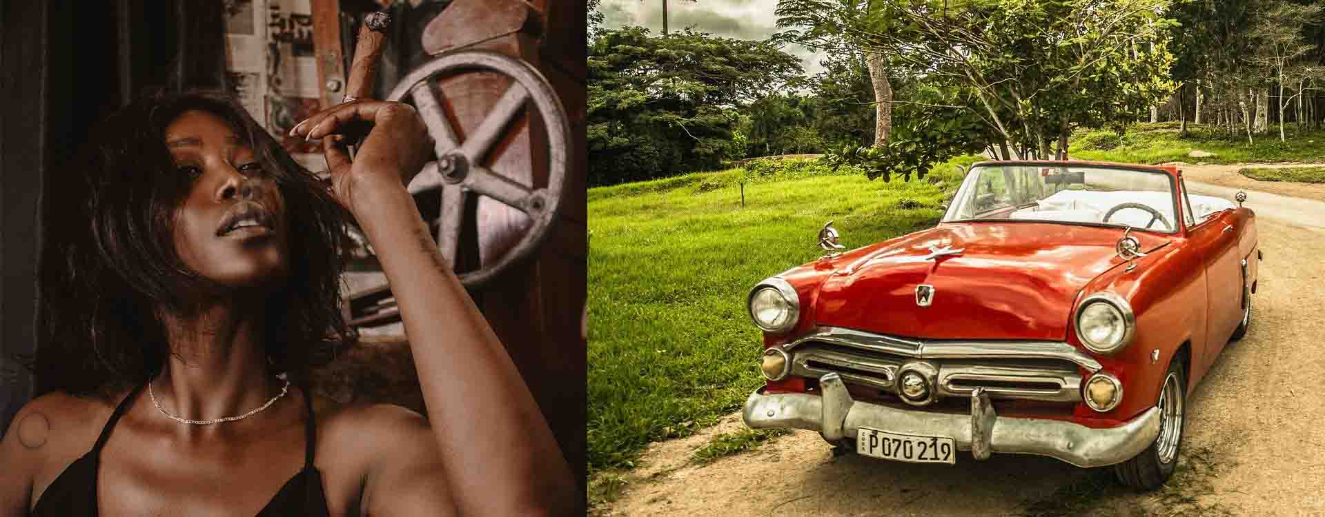 Mladá žena fajčí cigaru a starodávne kubánske auto